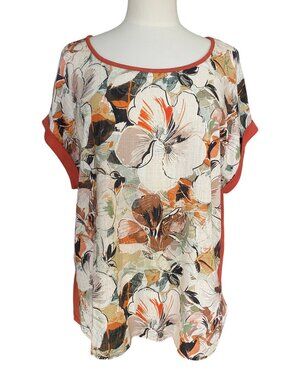 Dika Floral Mixed Media Linen Blend Top Short Sleeve Lagenlook Artsy Floral-XXL